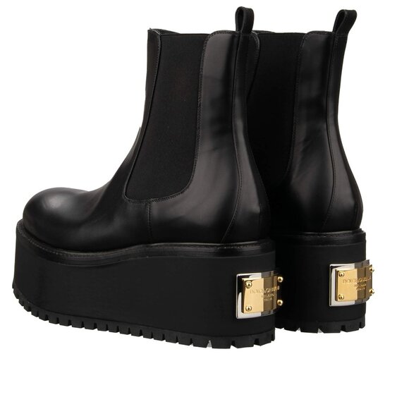 Dolce & Gabbana - DG Gold Logo Plate Women Leather Plateau Boots Black 39 US 9 - Picture 3 of 5